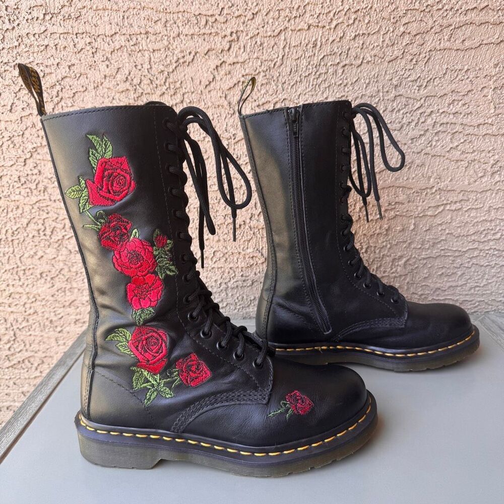Dr Martens 1914 Vonda 14 Eye Lace Up Tall Boots Black Red Rose Womens 7US/38EU - Picture 3 of 16
